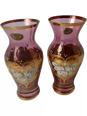Buy DED Bohemian Vases Pink & Gold Floral Glass Matching Pair • 12£