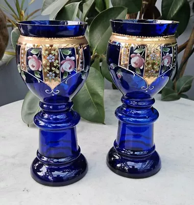 Buy PAIR VINTAGE 8  Bohemian Cobalt Blue Glass Vases Hand Painted Enamel Flowers BM4 • 24.99£