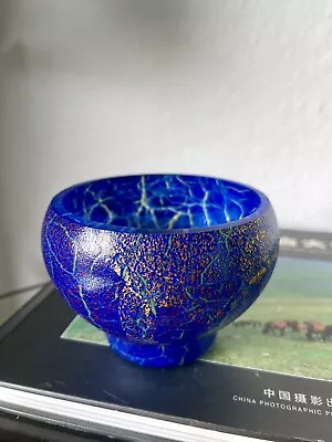 Buy Rare Dartington Crystal Blue Art Glass Bowl Gold Foils & Enamel Design • 37.17£