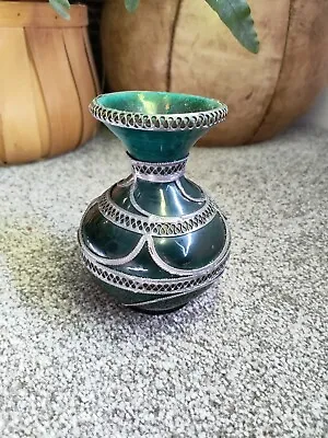 Buy Vintage Pottery Moroccan Vase With Metal Overlay 12.5cm Tall Green  • 39.99£