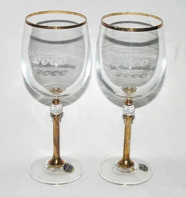 Buy 2 Bohemia Czech Millennium 2000 Crystal & Gilt Large 7½  Wine Glasses, Labels • 5.99£