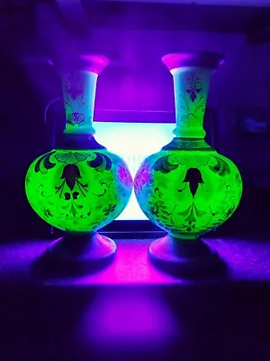 Buy Pair Of Hand Painted Uranium Opaline Art Glass Vases Bohemian Victorian Nouveau • 250£