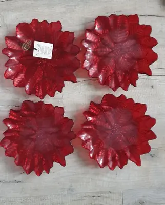 Buy Four Decorative Akcam Plates Leaf Pattern Ruby Red • 19.99£