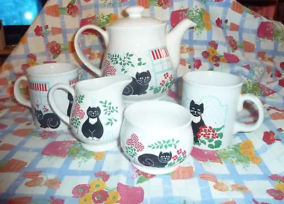 Buy Vintage Sadler Black Cat English Pottery Tea Pot, Milk Jug, Sugar Bowl, 2 Mugs • 17£