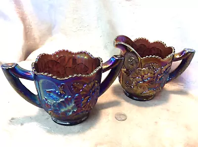 Buy Antique Imperial Purple Pansy Iridescent Carnival Glass Sugar & Creamer Set Rbe • 44.54£