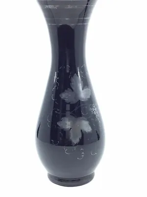 Buy Amethyst Black Glass Vintage Vase Silver Grapes Detailing Classic Shape 10” • 19.11£