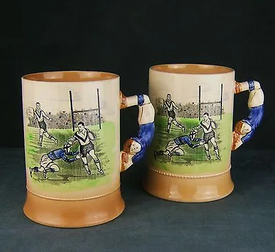 Buy Nice Pair Of Art Deco Authur Wood 'Sporting Series' Mugs Featuring Rugby Players • 110£