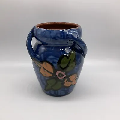 Buy Royal Torquay Pottery Devon Tri-handle Painted Floral Flower Pattern Blue Vase • 12£