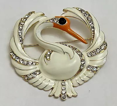 Buy Vintage Swan Goose Bird Crystal Clear Glass Rhinestone Brooch Pin White Enamel • 12.25£
