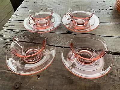 Buy Vintage Pink Depression Glass Cup/Saucer Group Of Four Smooth Elegant Smooth • 21.61£