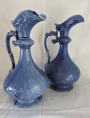 Buy Pair Of Large 12 Inch Tall Antique Blue Pottery Jugs • 22.95£