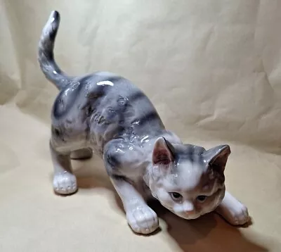 Buy Large Vintage Glazed Pottery Grey Tabby Cat Figurine • 10£