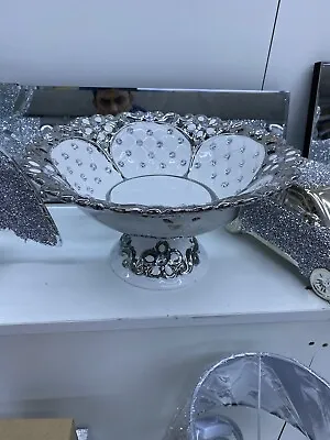 Buy XXL Sparkly Silver White Ceramic Italian Style Bling Fruit Bowl Kitchen Flower • 39.99£