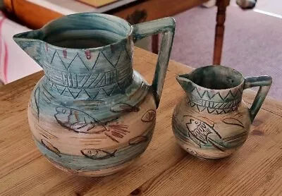 Buy Pair Of Rare Shorter Mabel Leigh Pottery Sgraffito Aztec Jugs, 1 Large, 1 Small • 70£
