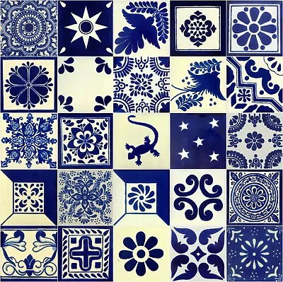 Buy 25 4x4   Pieces Mexican Tiles  Talavera Handmade Blue & White Mix Designs  • 48.50£