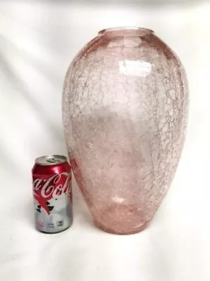 Buy 12 ¾” Tall Rose Pink Crackle Glass Vase Mint Condition Large Mid Century MCM • 49.50£