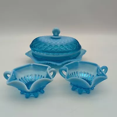 Buy Collection Of 3 Davidson Blue Pearline Glass Quilted Pillow Sham Dish C1895 • 129.39£