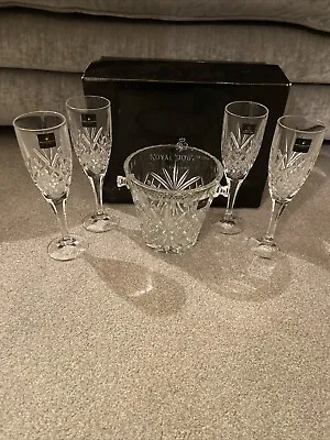 Buy Set Of 4 Champagne/wine Glasses & Ice Bucket Royal Doulton Lead Crystal Set Rare • 80£