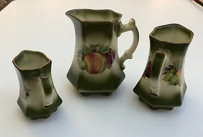 Buy MayFayre Staffordshire Pottery THREE Jugs. Gold Trim Fruit Design EXCELLENT • 14.50£