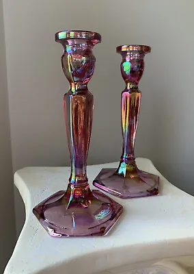 Buy Vintage Fenton Iridescent Pink Glass Tall Candlesticks Pair Candle Holders • 108.85£