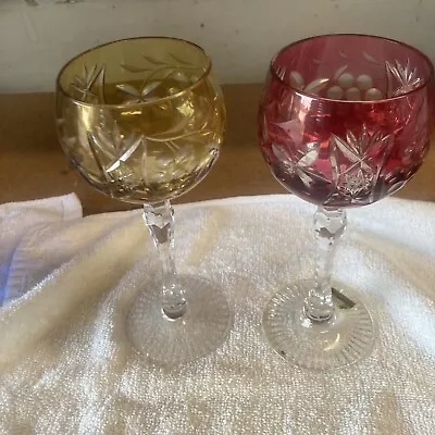 Buy 2 Two Bohemian Crystal Cut To Clear Red And Gold Color Wine Goblets Stem • 47.50£