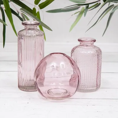 Buy Set Of 3 Vintage Pink Glass Bottles Mini Small Bud Vases Ribbed Flower Holders • 12.45£