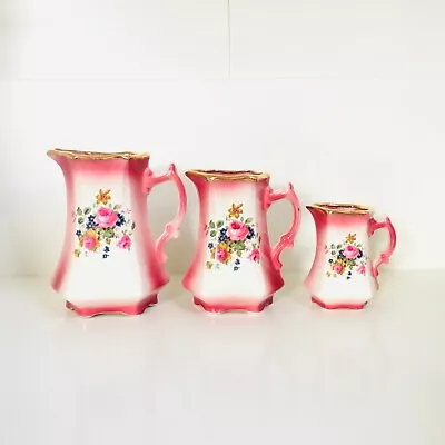 Buy NWAO Staffordshire Ironstone YWAO Trio Of Graduated Jugs Pitchers Pink Floral • 65£
