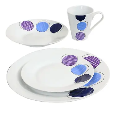 Buy 16-Piece Dinner Set White Purple Blue Crockery Porcelain Plates Bowls Mugs For 4 • 29.99£