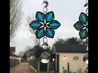 Buy Turquoise Stained Glass Filigree Flower Hanging Crystal Decoration Suncatcher • 15.99£