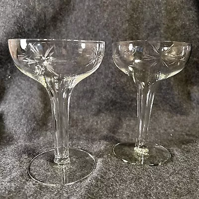 Buy SET OF 2 TRUE 1950's VINTAGE MID CENTURY ETCHED HOLLOW STEM CHAMPAGNE GLASSES • 34.89£