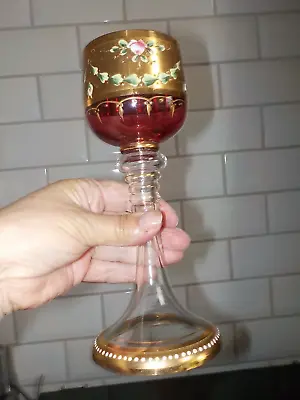 Buy Antique Moser Style Bohemian 8  Cranberry Glass Hand Decorated Wine Glass Goblet • 68£