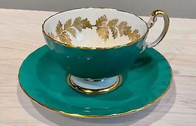 Buy Vintage Aynsley England Bone China Green & Gold Leaf Tea Cup & Saucer • 28.33£