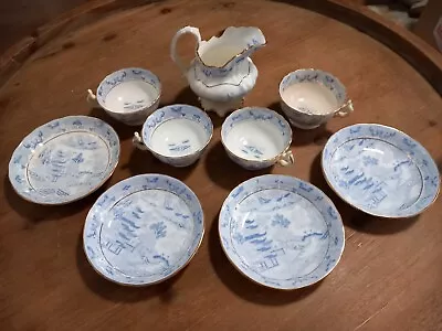 Buy 9pc Light Blue Willow Stone Vintage China Cups And Saucers With Milk Jug • 28.99£