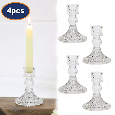Buy Set Of 4 Clear Glass Candle Holder Vintage Taper Candlestick Dinner Table Decor • 14.95£