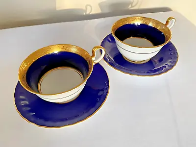 Buy AYNSLEY Helene Cups And Saucers, Embossed Gold Cobolt, Hallmark 1934 Style. • 34.71£