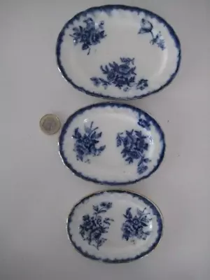 Buy Antique Bishop & Stonier Bisto Pembroke Flow Blue Childs Set 3 China Meat Plates • 39.99£