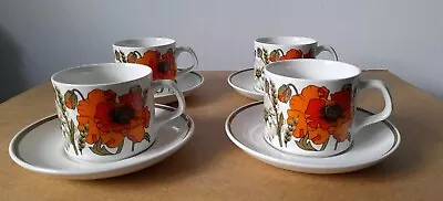 Buy Vintage J&G Meakin Studio - Orange Poppy Pattern - Four Cups And Saucers • 19.99£