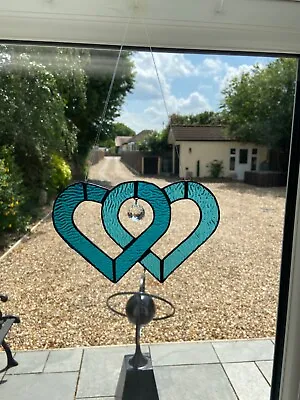 Buy Turquoise Stained Glass Hearts Entwined With Hanging Prism Decoration Suncatcher • 34.50£