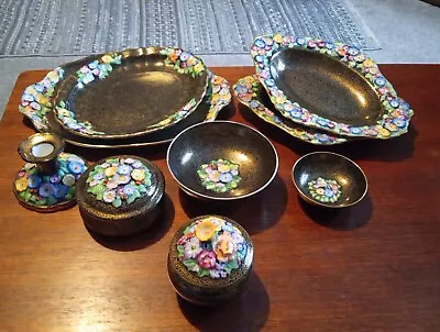 Buy Vintage Plant Tuscan  China Lidded Pot Black And Gold With Multicolored Flowers • 25£