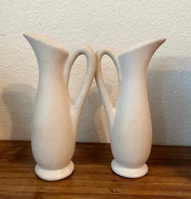 Buy Pair Of 2 VAN BRIGGLE Art Pottery Vintage White Ewer Pitcher Vases,  7 ” • 89.78£