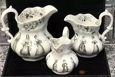 Buy Set 3 Antique Staffordshire Black Transfer FASHIONS Of The WORLD Pitchers, 1830 • 79.91£