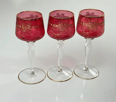 Buy 3 Antique Bohemian Moser Cranberry Cabochon Panel Wine Water Glasses Czech DK122 • 168.73£