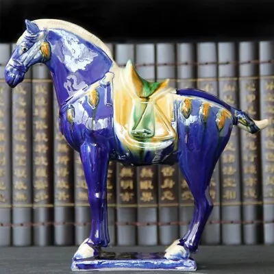 Buy Tang Sancai Blue And White Warrior Horse Porcelain Statue • 43.56£