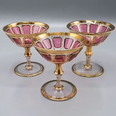 Buy READ Bohemian Cabochon Champagne Saucers 4 3/8  Set 3 Cranberry Red Moser Style • 165.39£