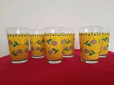 Buy Set 6 Vintage/ Retro Fruit Cocktail Glass Tumbler Glasses 1970’s Yellow Tulips • 19.95£