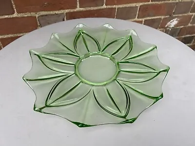 Buy VINTAGE 1930s Czech Green Uranium Glass Flower Shaped Serving Plate Platter 32cm • 40£