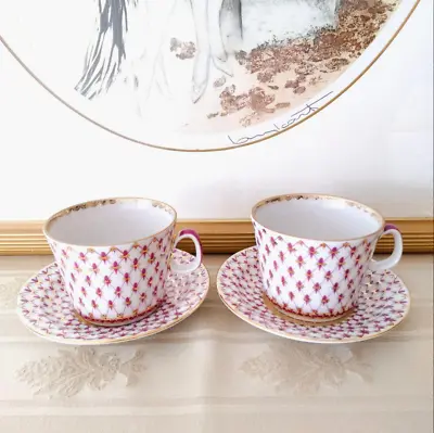 Buy Imperial Porcelain Rose Net Pink Cup & Saucer Set Of 2 Lomonosov Pink Luska • 247.75£