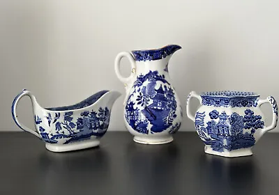 Buy Wood & Sons Pottery Trio Bundle Willow Pattern Chinoiserie Gravy Boat Jug Pot • 15£
