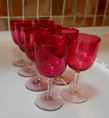 Buy Set Of Eight Beautiful Antique Victorian Cranberry Small Wine Glasses • 80£
