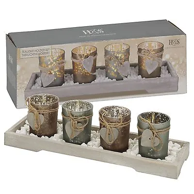 Buy Home Decor 4 Tea Light Holders With Modern Wood Tray Mantle Display Gift Set • 7.19£